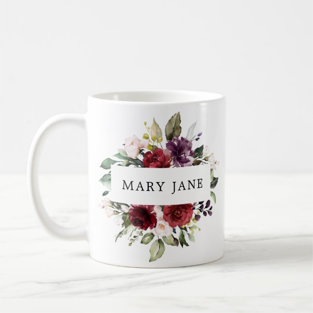 Elegant Burgunder Rosa Akvarell Blommig Namn Kaffemugg (Vänster)
