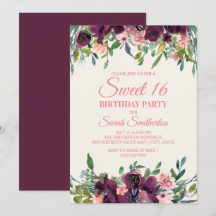 Elegant burgunder rosa akvarell blommig Sweet 16 Inbjudningar