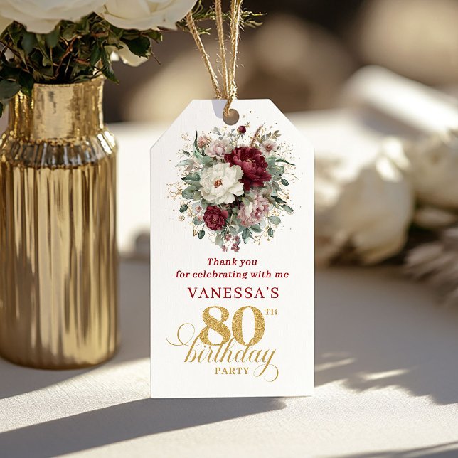 Elegant Burgunder Rosa Blommig 80-års Födelsedagsp Presentetikett (Chic Burgundy Blush Floral 80th Birthday Favor Tags)