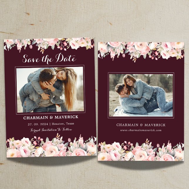 Elegant Burgunder Rosa Blommig Bröllop Spara Datum Inbjudningar (Skapare uppladdad)