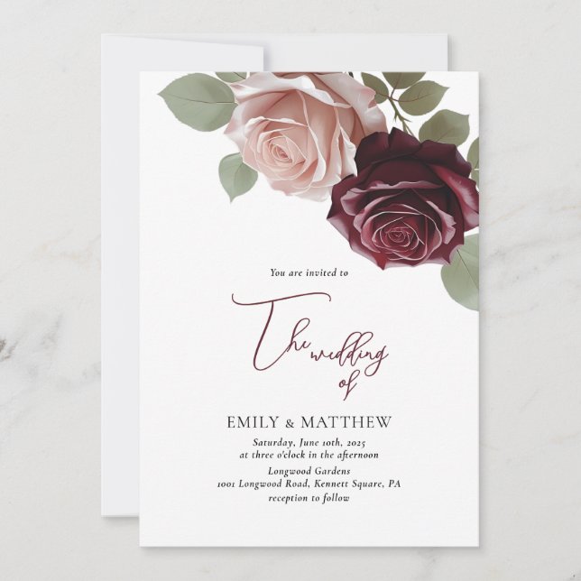 Elegant Burgunder Rosa Blommig Bröllopsinbjudan Inbjudningar (Framsida)