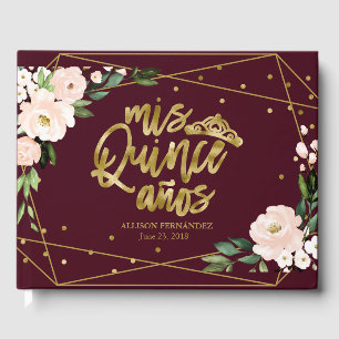 Elegant Burgunder Rosa Blommig Guld Quinceanera Gästböcker