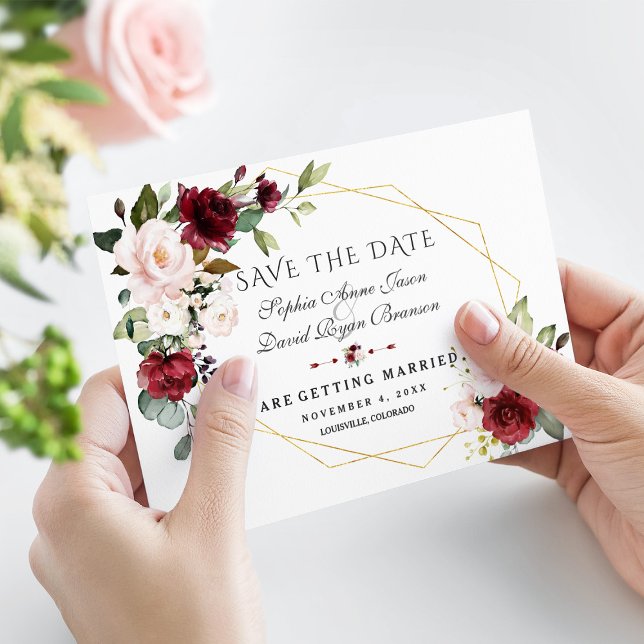 Elegant Burgunder Rosa Blommig Guld Ram Bröllop Spara Datumet (Skapare uppladdad)