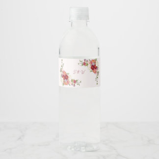 Elegant Burgunder Rosa Blommig Monogram Bröllop Vattenflaska Etikett