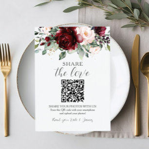 Elegant Burgunder Rosa Blommig QR Dela Bilder Tack Kort