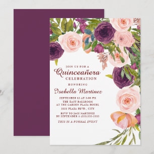 Elegant Burgunder Rosa Blommig Quinceañera Inbjudningar