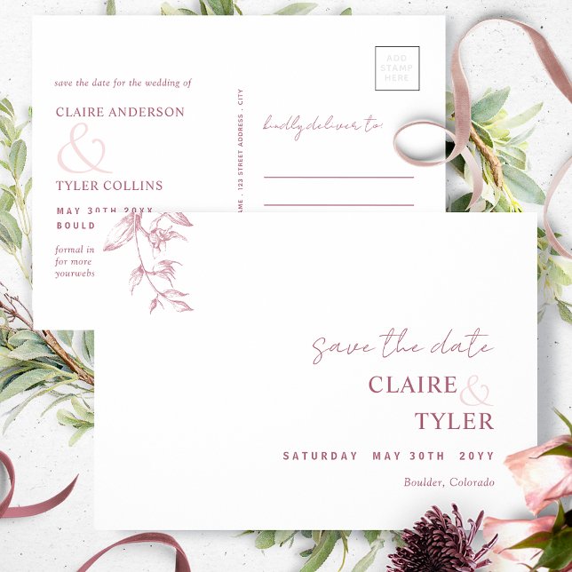 Elegant, Burgunder Rosa Bröllop Save the Date Vykort (Skapare uppladdad)