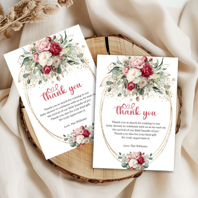 Elegant Burgunder Rosa Guld Blommig Bebis Shower  Tack Kort (Elegant Burgundy Blush Gold Floral Baby Shower Thank You)