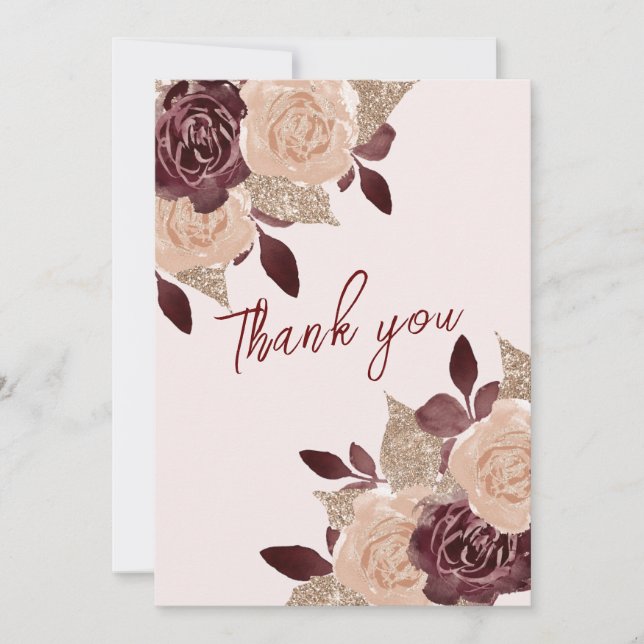 Elegant burgunder Rosa Guld Glitter Blommig Foto Tack Kort (Framsida)