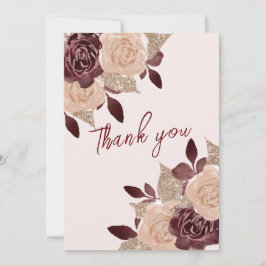 Elegant burgunder Rosa Guld Glitter Blommig Foto Tack Kort