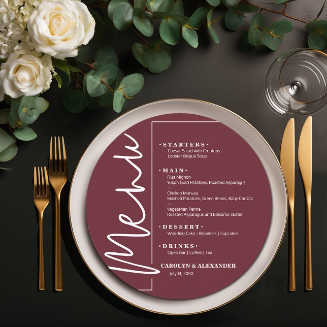 Elegant Burgunder Rund Meny (Chic Burgundy Round Menus)