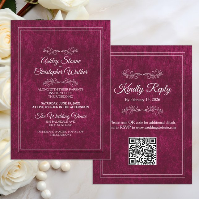 Elegant Burgunder Sammet Vit QR-kod Bröllop Inbjudningar (Burgundy velvet wedding invitation with your QR code)