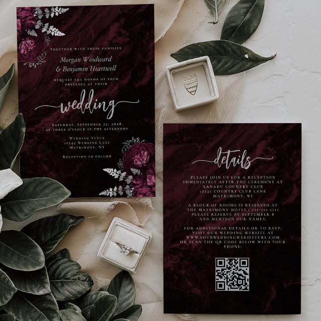 Elegant Burgunder Silver Blommig QR-kod Bröllop Inbjudningar (Skapare uppladdad)