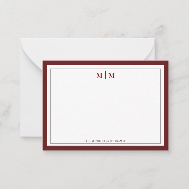 Elegant Burgunder Silver Monogram Professionell Anteckningskort (Framsida)