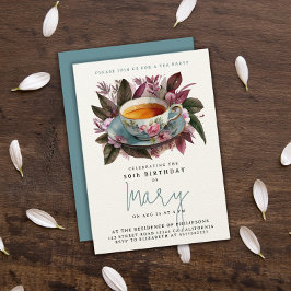 Elegant Burgunder Tea Party Kopp Floral Akvarell Inbjudningar