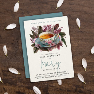 Elegant Burgunder Tea Party Kopp Floral Akvarell Inbjudningar