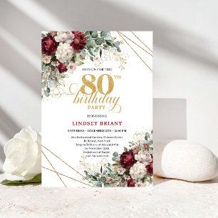 Elegant Burgunder Vattenfärg Blommig 80-årsdag Inbjudningar