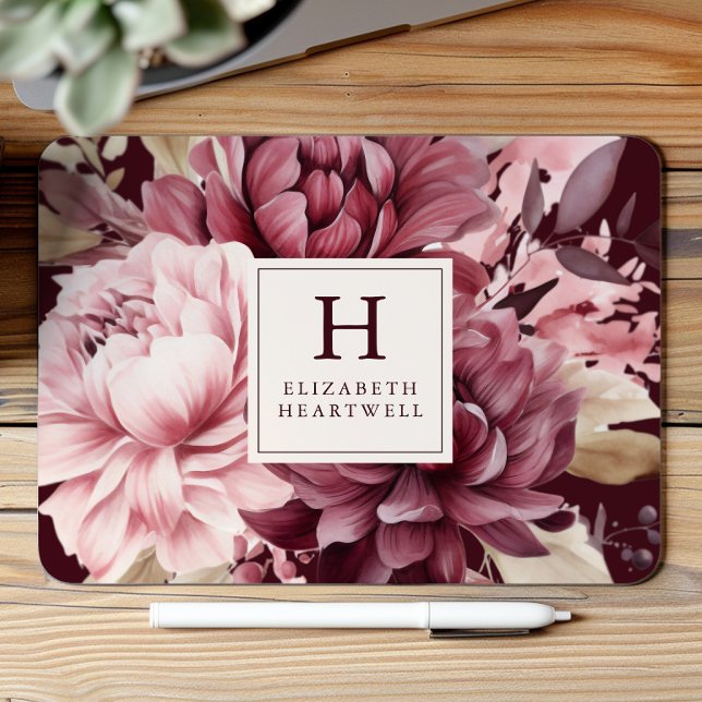 Elegant Burgunder Vattenfärg Blommig Monogram Musmatta (Skapare uppladdad)