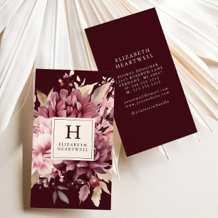 Elegant Burgunder Vattenfärg Blommig Monogram Visitkort