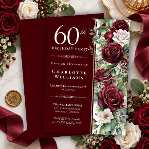 Elegant Burgunder Vin Ros Blommig 60-årsdag Inbjudningar