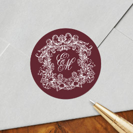 Elegant Burgunder Vintage Monogram Emblem Bröllop Runt Klistermärke