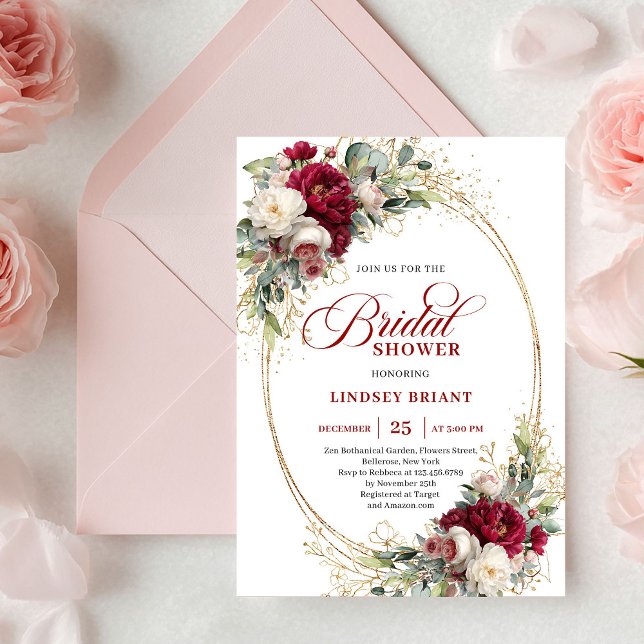 Elegant Burgunder Vit Ros Guld Bröllopsdusch  Inbjudningar (Elegant Burgundy White Rose Gold Bridal Shower Invitation)