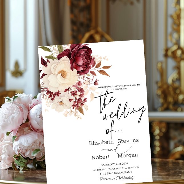 Elegant Burgunder Vita Blommor Bröllopsinbjudan Inbjudningar (Skapare uppladdad)