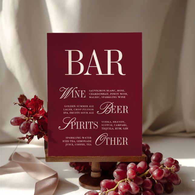 Elegant burgunderbarmeny drycker bröllopsbord  (Elegant Burgundy Bar Menu Drinks Wedding Tabletop)