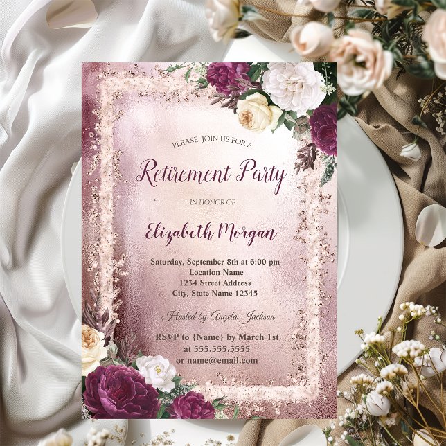 Elegant burgunderfärgad blom glitter ram pension inbjudningar (Skapare uppladdad)