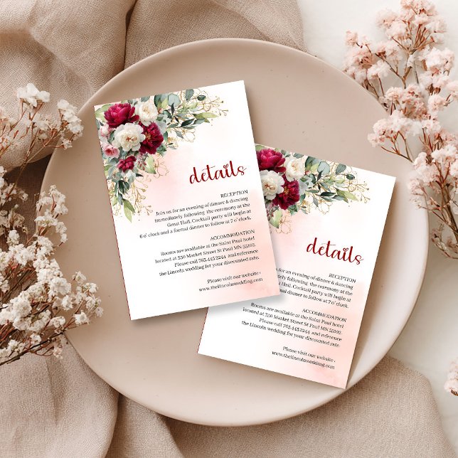 Elegant Burgunderfärgad Blommig Guld Bröllopsdetal Tilläggskort (Elegant Burgundy Floral Gold Wedding Details Card)