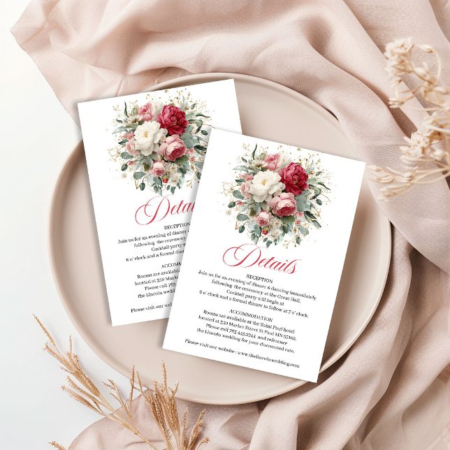 Elegant burgunderfärgad blommig kort med guldtrim  (Elegant burgundy floral card with gold trim wedding details

)