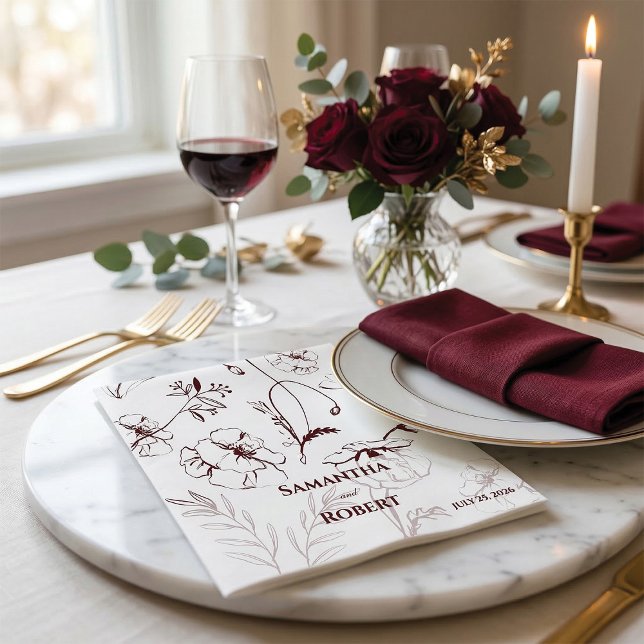 Elegant burgunderfärgad blommig linjekonstpapper pappersservett (Elegant Modern Burgundy Rose Floral Custom Wedding Napkins)