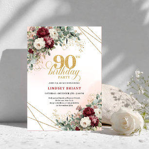 Elegant burgunderfärgad blomster guldbild 90-årsda inbjudningar
