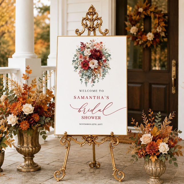 Elegant burgunderfärgad blomster höstlig bröllopsd poster (burgundy autumn flowers welcome sign,
refined terracotta copper bridal shower, 
Boho Watercolor deep)