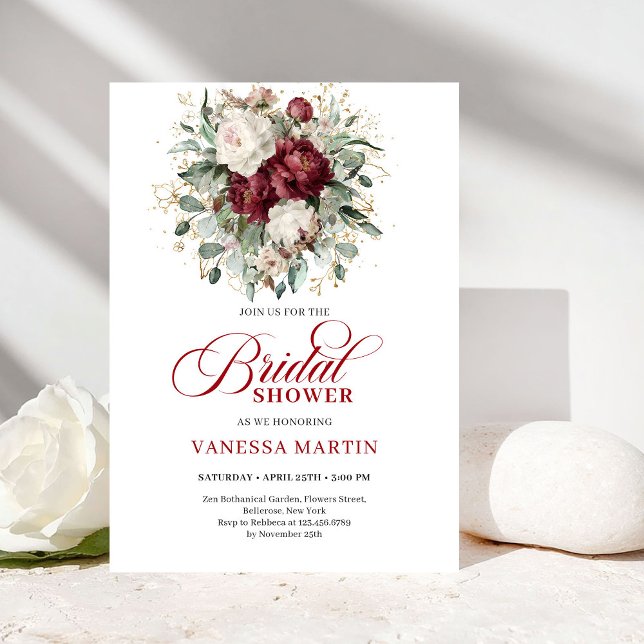 Elegant burgunderfärgad blomster- och guldbröllops inbjudningar (Elegant Burgundy Floral Gold Bridal Shower Invite

)