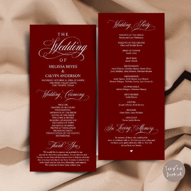 Elegant burgunderfärgad bröllopsceremoni med scrip program (Elegant Burgundy Wine Red Script Wedding Ceremony Order Program Card)
