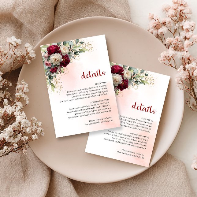 Elegant burgunderfärgad bröllopskort med blommotiv tilläggskort (Complete your wedding stationery suite with this elegant wedding details card featuring watercolor b)