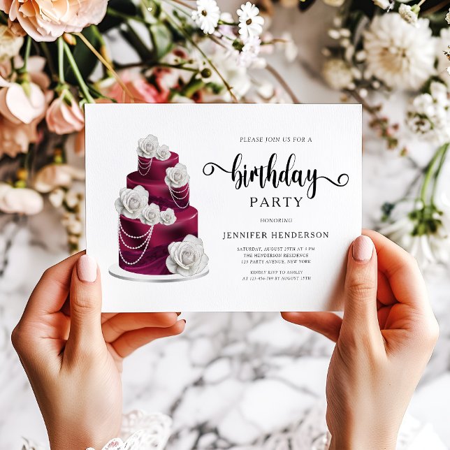 Elegant burgunderfärgad födelsedagstårta fest inbjudningar (Elegant Burgundy Birthday Cake Party Invitation)