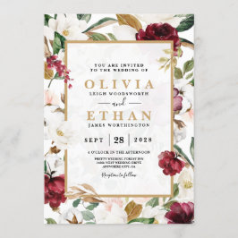 Elegant burgunderfärgad magnolia grönska ram inbjudningar