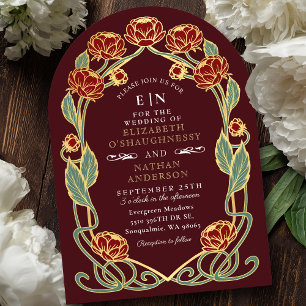 Elegant Burgunderfärgad Peony Art Nouveau Blommig Inbjudningar