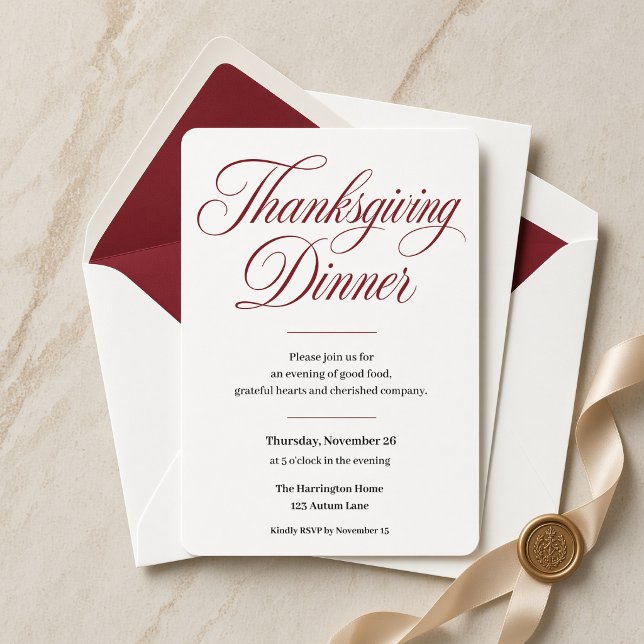 Elegant burgunderfärgad skript Thanksgiving-middag Inbjudningar (Skapare uppladdad)