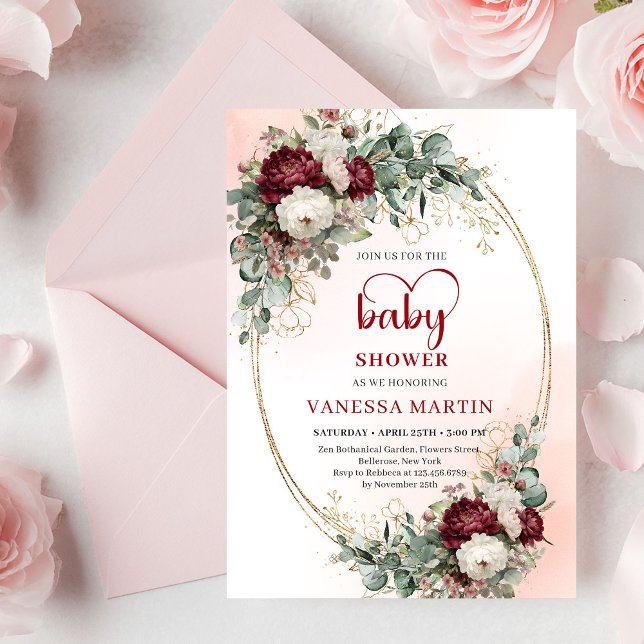 Elegant burgundergyllene skript baby shower inbjud inbjudningar (Chic Burgundy Gold Script Baby Shower Invitation

)