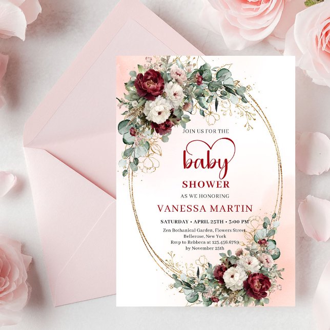 Elegant burgunderröd blommig hjärtformad typsnitt  inbjudningar (Elegant Burgundy Floral Heart-Shaped Font Baby Shower Invitation)