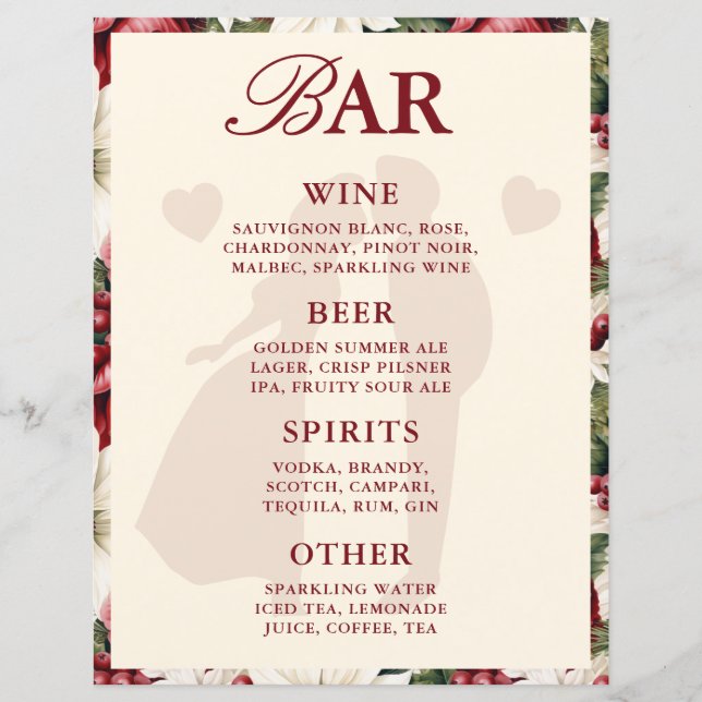 Elegant Burgunderröd Blommig Meny för Bar Wedding  (Framsida)