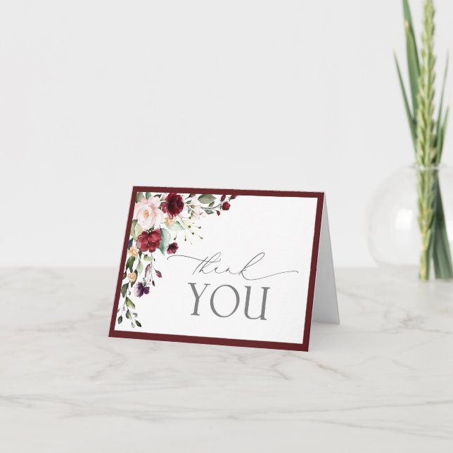 Elegant burgunderröd blommig skrivstil Tacksamhets Tack Kort (Framsida)