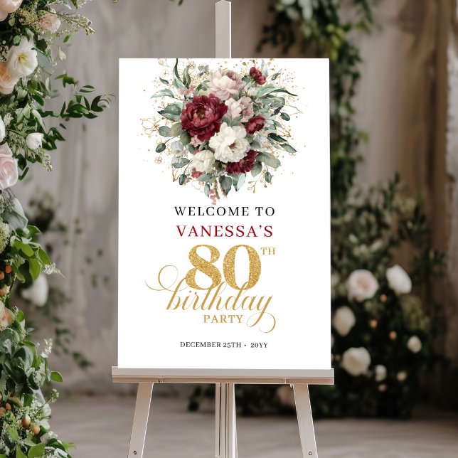 Elegant burgunderröd blommig välkomstskylt för 80- poster (Welcome guests in style with this elegant 80th Birthday Welcome Sign / Poster, featuring watercolor )