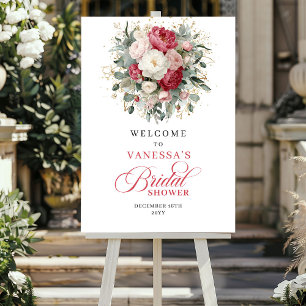Elegant burgunderröd blomstergrönska välkomstskylt poster