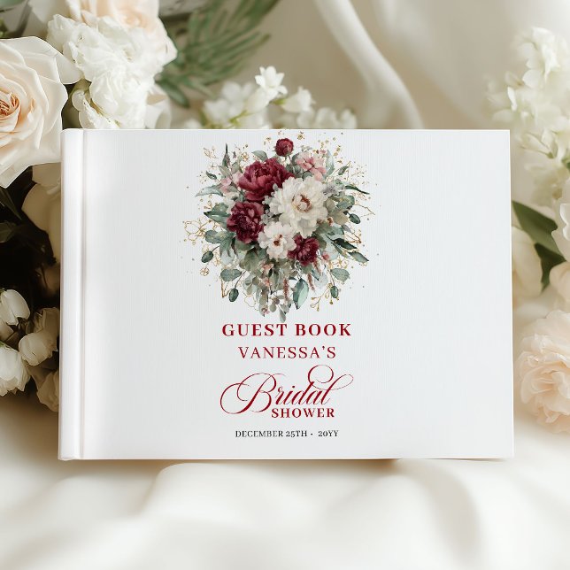 Elegant burgunderröd floral guld bröllopsfest gäst gästböcker (Chic Burgundy Floral Gold Bridal Shower Guest Book)