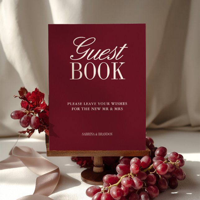 Elegant burgunderröd gästbok Bröllopsbordsskylt (Elegant Burgundy Guest Book Wedding Tabletop Sign)