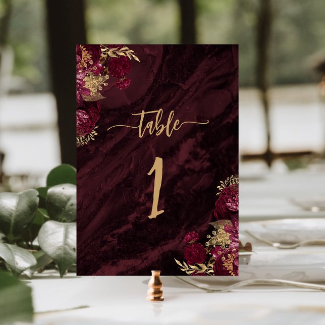 Elegant Burgunderröd Guld Blommig Bröllop Bordsnummer (Skapare uppladdad)